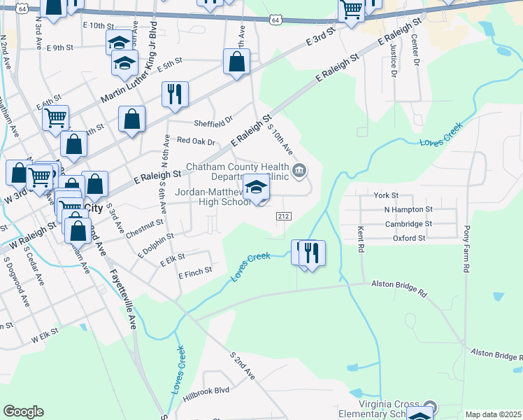 map of restaurants, bars, coffee shops, grocery stores, and more near 910 East Cardinal Street in Siler City
