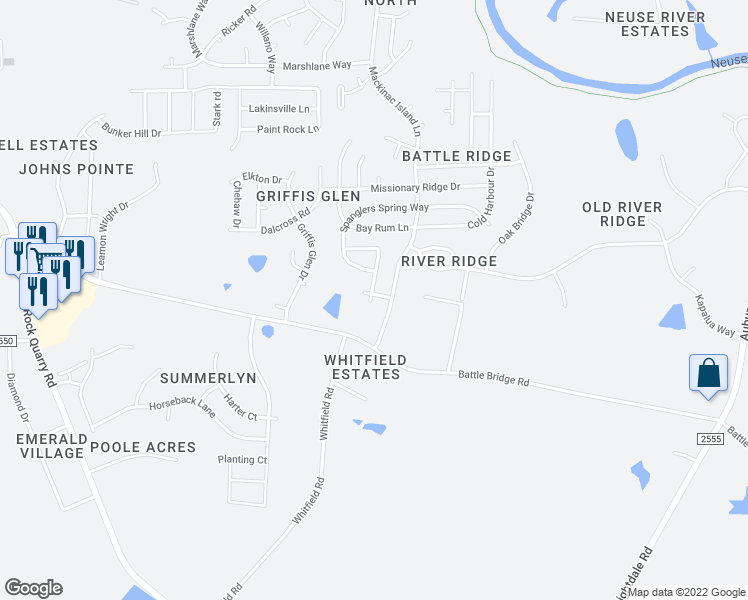 map of restaurants, bars, coffee shops, grocery stores, and more near 7036 Barlows Knoll Street in Raleigh