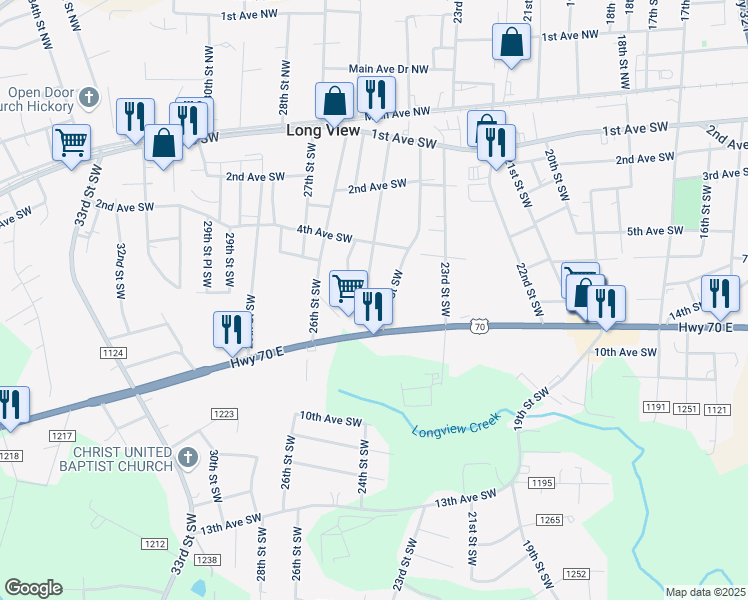 map of restaurants, bars, coffee shops, grocery stores, and more near 523 25th Street Southwest in Hickory