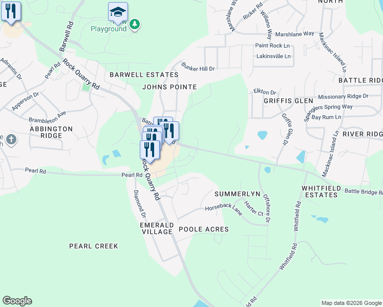 map of restaurants, bars, coffee shops, grocery stores, and more near 6521 Battle Bridge Road in Raleigh