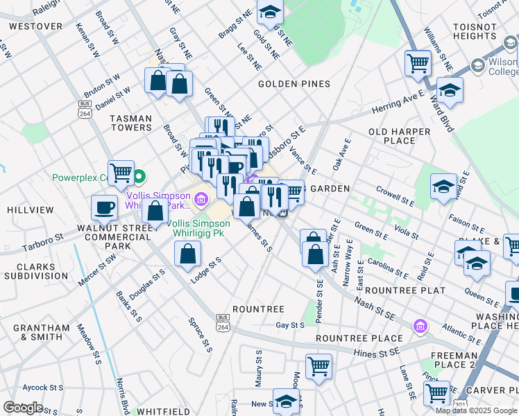 map of restaurants, bars, coffee shops, grocery stores, and more near 314 Nash Street in Wilson