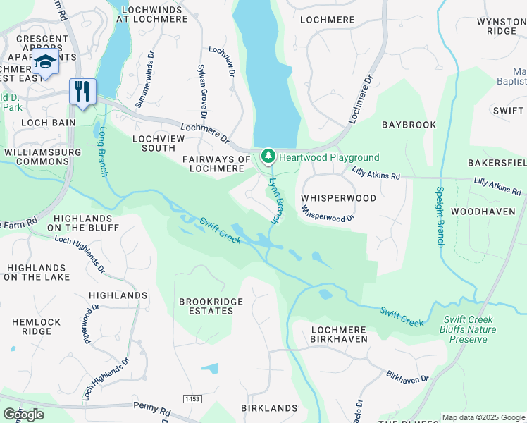 map of restaurants, bars, coffee shops, grocery stores, and more near 206 Greensview Drive in Cary
