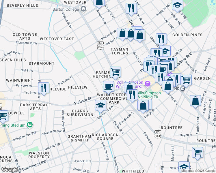 map of restaurants, bars, coffee shops, grocery stores, and more near 109 Spruce Street West in Wilson