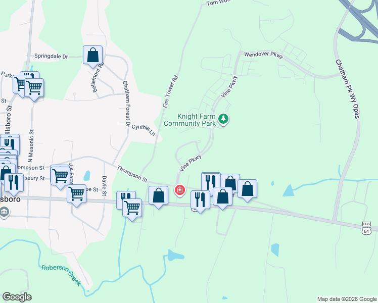 map of restaurants, bars, coffee shops, grocery stores, and more near 272 Cottage Way in Pittsboro