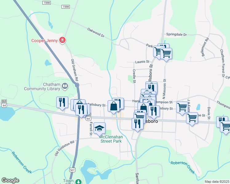 map of restaurants, bars, coffee shops, grocery stores, and more near 10 Rectory Street in Pittsboro