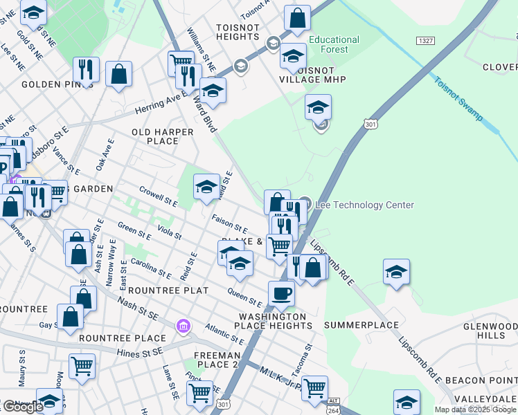 map of restaurants, bars, coffee shops, grocery stores, and more near 4786 Ward Boulevard in Wilson