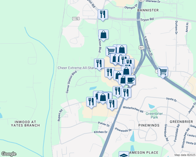 map of restaurants, bars, coffee shops, grocery stores, and more near 1125 Lenoxplace Circle in Raleigh