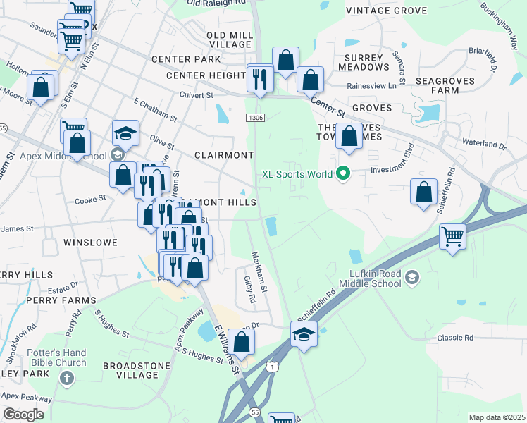 map of restaurants, bars, coffee shops, grocery stores, and more near 2035 Schieffelin Road in Apex