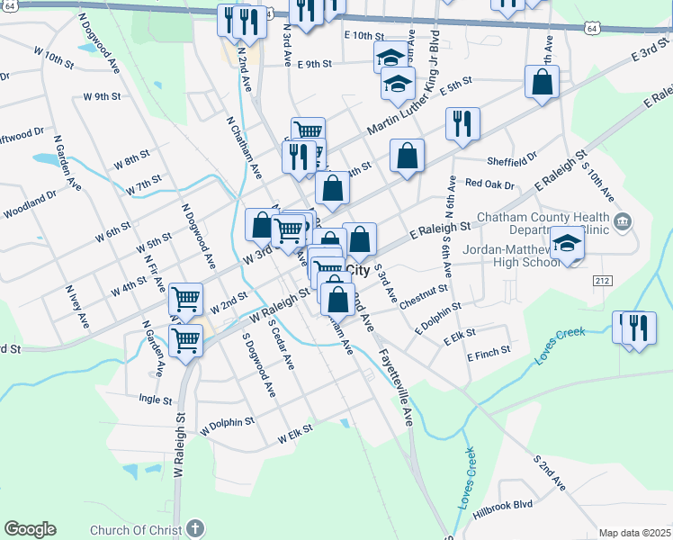 map of restaurants, bars, coffee shops, grocery stores, and more near 133 East Raleigh Street in Siler City