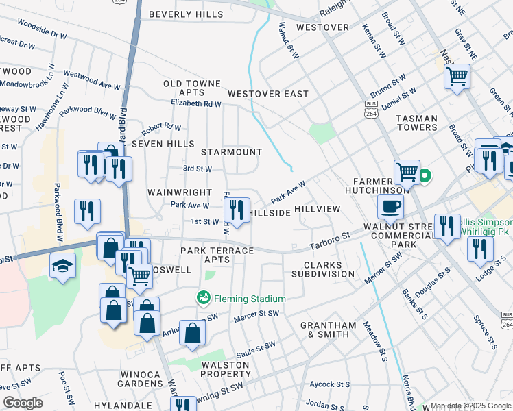 map of restaurants, bars, coffee shops, grocery stores, and more near 903 Anthony St W in Wilson