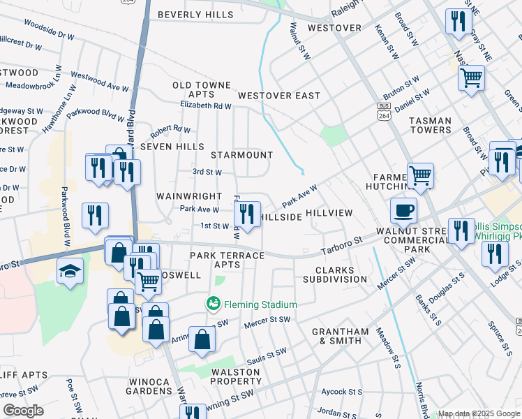 map of restaurants, bars, coffee shops, grocery stores, and more near 903 Anthony St W in Wilson