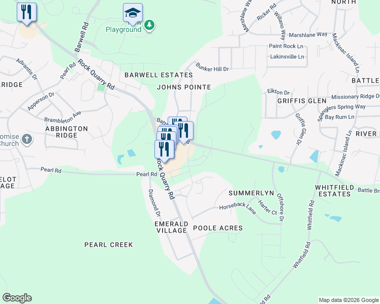 map of restaurants, bars, coffee shops, grocery stores, and more near 6417 Leamon Wright Drive in Raleigh