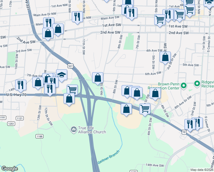 map of restaurants, bars, coffee shops, grocery stores, and more near 709 9th Street Southwest in Hickory