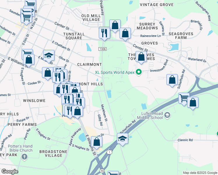 map of restaurants, bars, coffee shops, grocery stores, and more near 1202 James Street in Apex