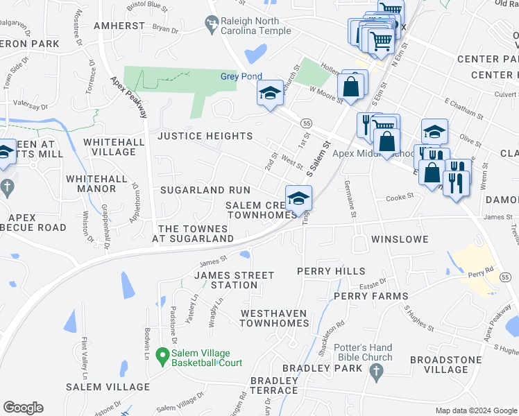 map of restaurants, bars, coffee shops, grocery stores, and more near 1442 Salem Creek Drive in Apex