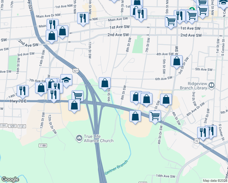 map of restaurants, bars, coffee shops, grocery stores, and more near 832 7th Avenue Place Southwest in Hickory