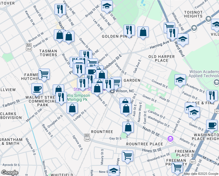 map of restaurants, bars, coffee shops, grocery stores, and more near 333 Nash Street Southeast in Wilson