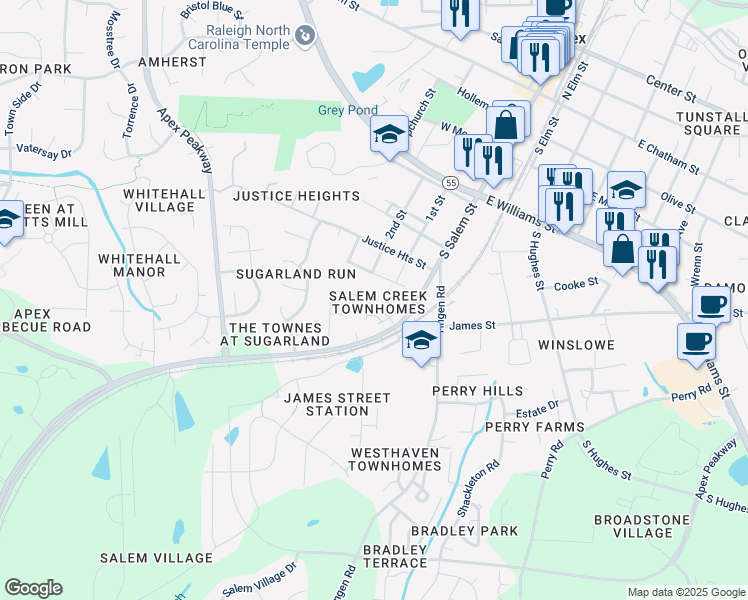 map of restaurants, bars, coffee shops, grocery stores, and more near 1442 Salem Creek Drive in Apex