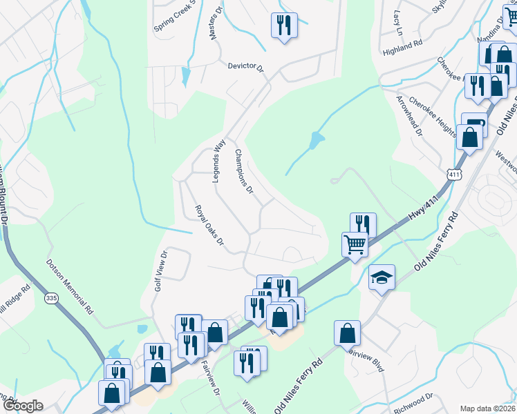 map of restaurants, bars, coffee shops, grocery stores, and more near 2943 Innisbrook Drive in Maryville