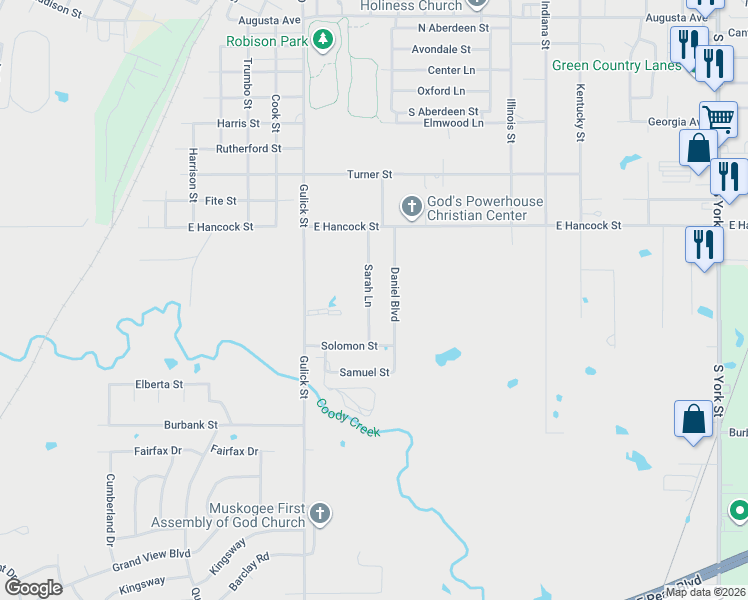 map of restaurants, bars, coffee shops, grocery stores, and more near 2402 Sarah Lane in Muskogee