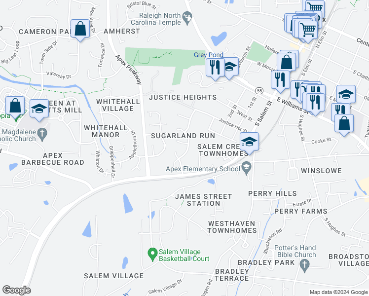 map of restaurants, bars, coffee shops, grocery stores, and more near 110 Milky Way Drive in Apex