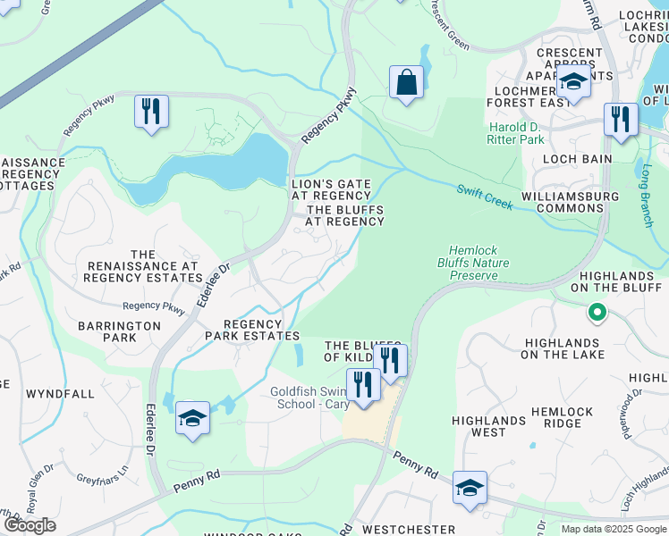 map of restaurants, bars, coffee shops, grocery stores, and more near 114 Redfern Drive in Cary
