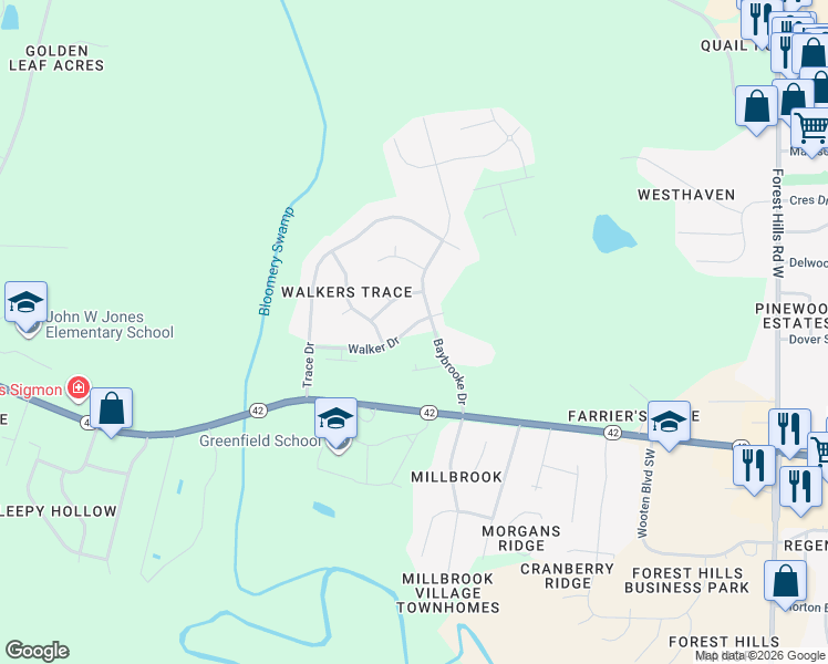 map of restaurants, bars, coffee shops, grocery stores, and more near 3403 Walker Drive in Wilson