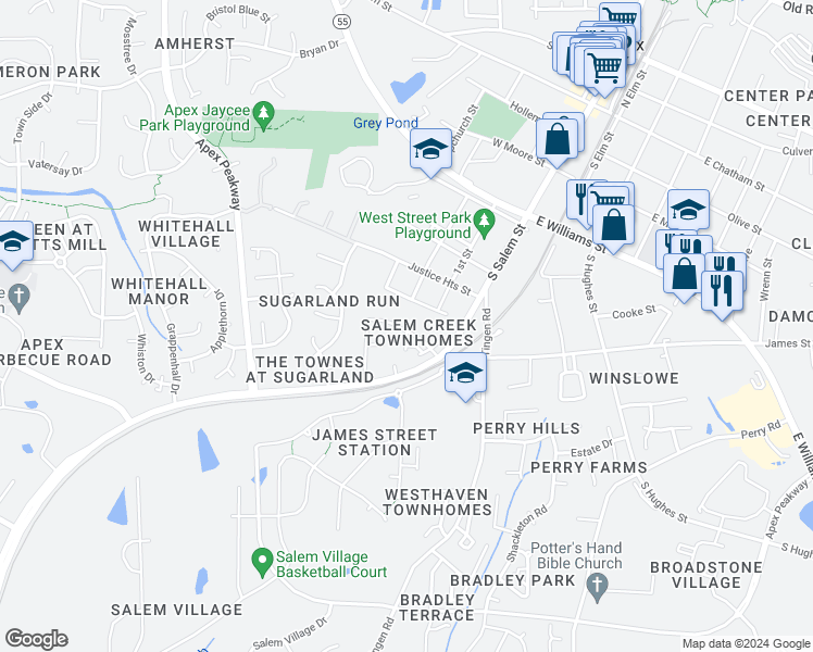 map of restaurants, bars, coffee shops, grocery stores, and more near 1450 Salem Creek Drive in Apex