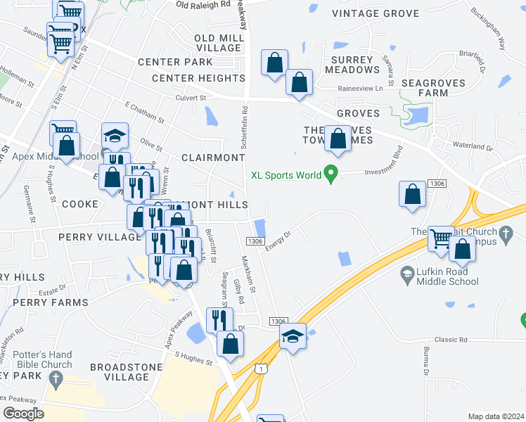 map of restaurants, bars, coffee shops, grocery stores, and more near 1206 James Street in Apex