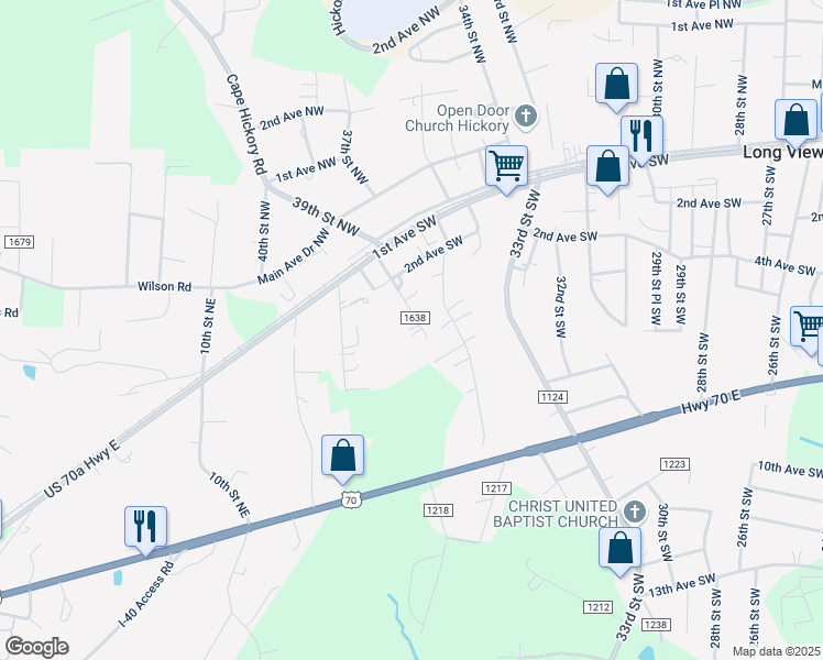 map of restaurants, bars, coffee shops, grocery stores, and more near 311 39th Street Northwest in Hickory