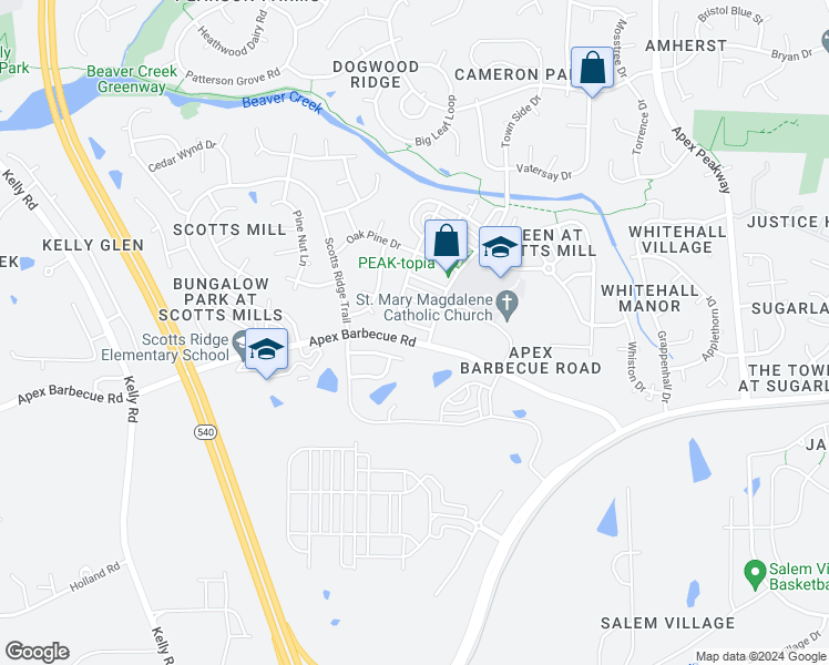 map of restaurants, bars, coffee shops, grocery stores, and more near 1772 Town Home Drive in Apex