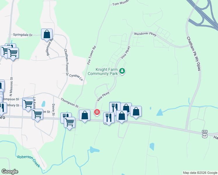 map of restaurants, bars, coffee shops, grocery stores, and more near 235 Cottage Way in Pittsboro