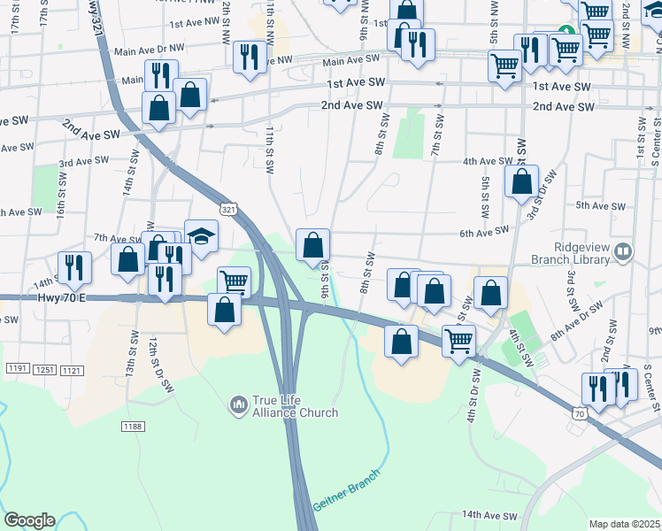 map of restaurants, bars, coffee shops, grocery stores, and more near 709 9th Street Southwest in Hickory