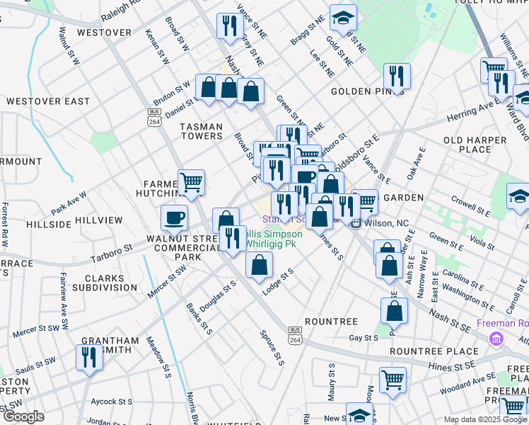 map of restaurants, bars, coffee shops, grocery stores, and more near 230 Goldsboro Street South in Wilson