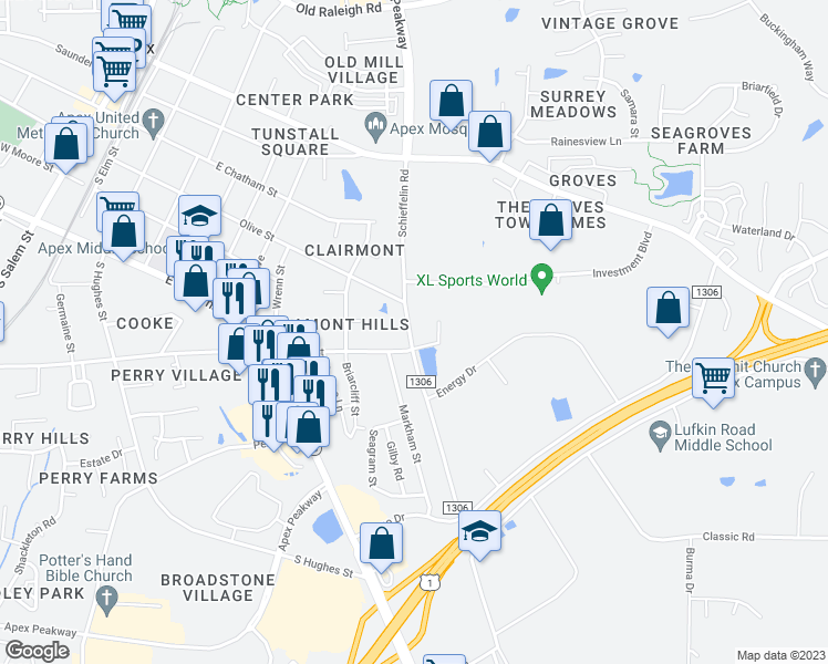 map of restaurants, bars, coffee shops, grocery stores, and more near 2031 Schieffelin Road in Apex