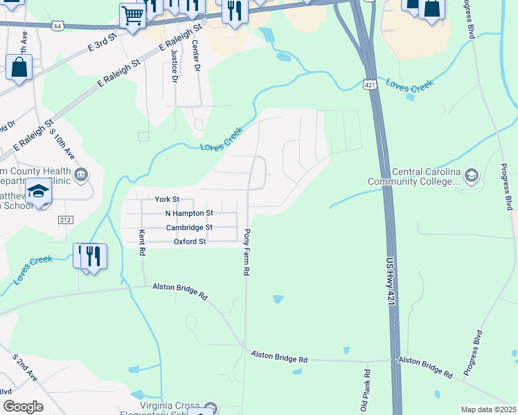 map of restaurants, bars, coffee shops, grocery stores, and more near 1318 Fairfax Street in Siler City