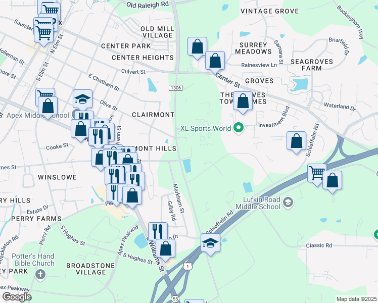 map of restaurants, bars, coffee shops, grocery stores, and more near 1208 James Street in Apex