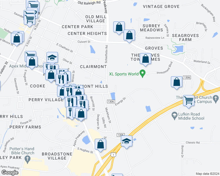 map of restaurants, bars, coffee shops, grocery stores, and more near 2029 Schieffelin Road in Apex