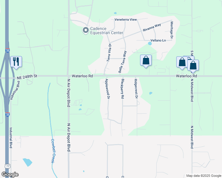 map of restaurants, bars, coffee shops, grocery stores, and more near 6650 Applewood Drive in Edmond