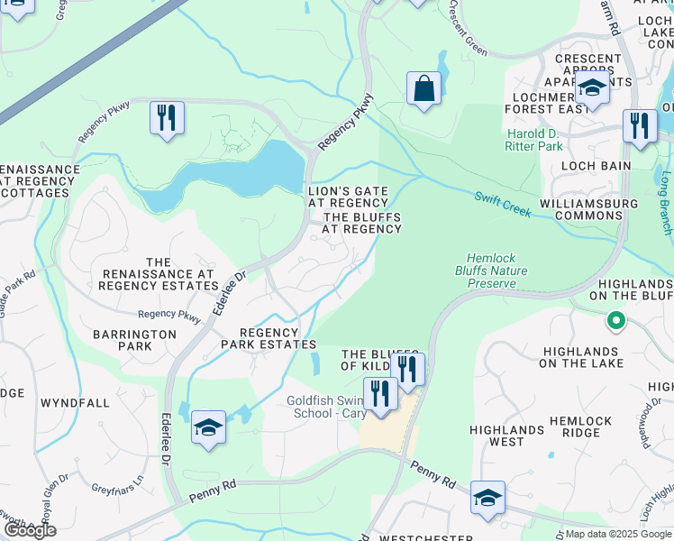 map of restaurants, bars, coffee shops, grocery stores, and more near 114 Redfern Drive in Cary