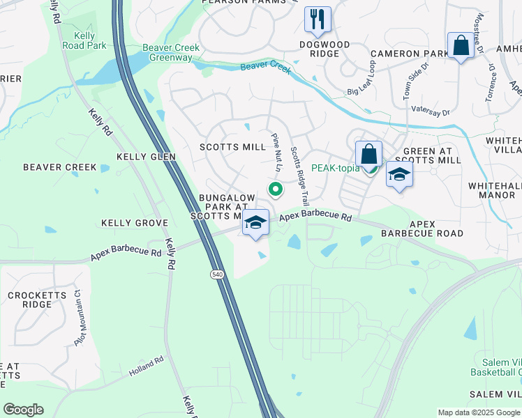 map of restaurants, bars, coffee shops, grocery stores, and more near 1200 Scotts Ridge Trail in Apex
