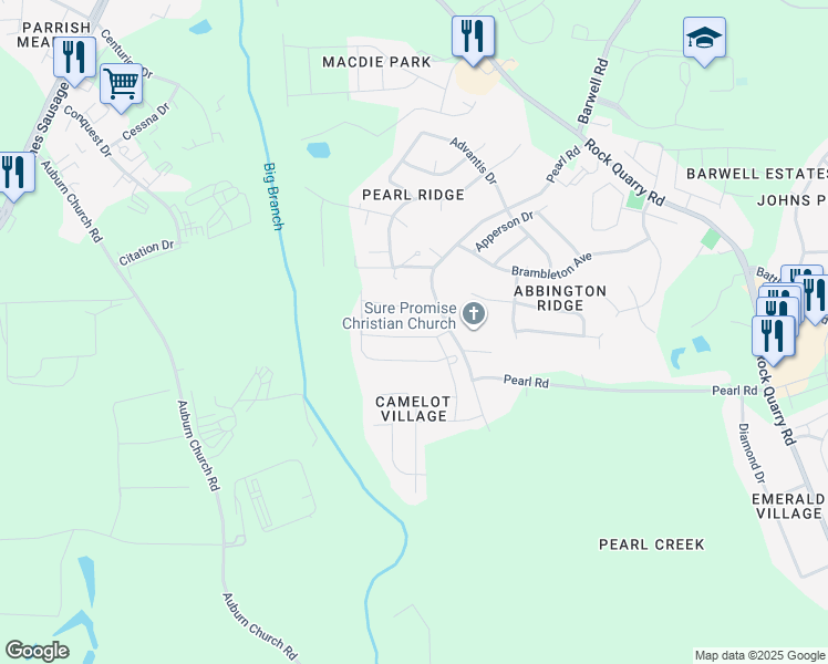 map of restaurants, bars, coffee shops, grocery stores, and more near 4745 Princess Anna Marie Lane in Raleigh
