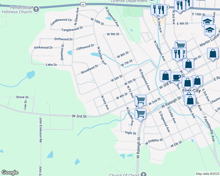 map of restaurants, bars, coffee shops, grocery stores, and more near 805 West 6th Street in Siler City