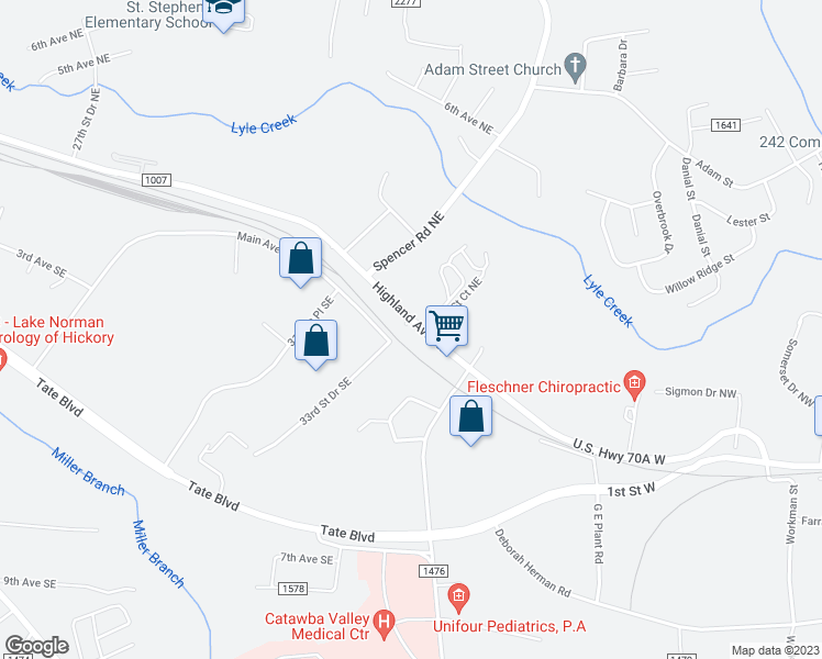 map of restaurants, bars, coffee shops, grocery stores, and more near 3360 Highland Avenue Northeast in Hickory
