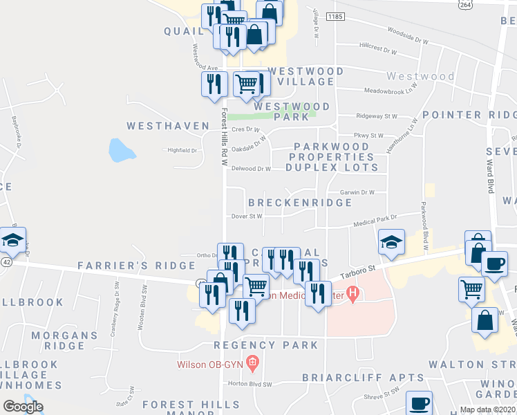 map of restaurants, bars, coffee shops, grocery stores, and more near 1902 Rand Road West in Wilson
