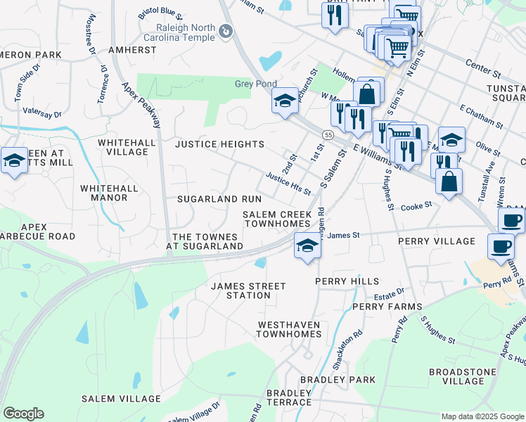 map of restaurants, bars, coffee shops, grocery stores, and more near 1458 Salem Creek Drive in Apex