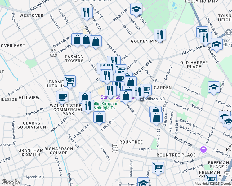map of restaurants, bars, coffee shops, grocery stores, and more near 201 Goldsboro Street South in Wilson