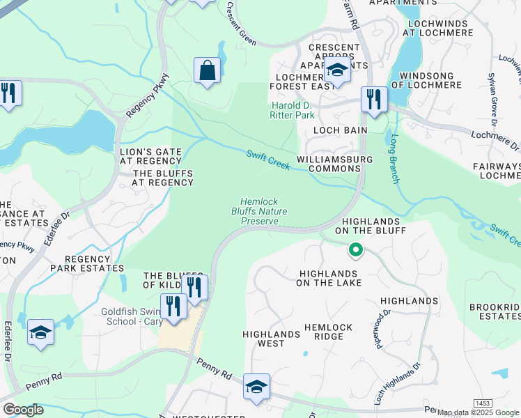 map of restaurants, bars, coffee shops, grocery stores, and more near 2616 Kildaire Farm Road in Cary