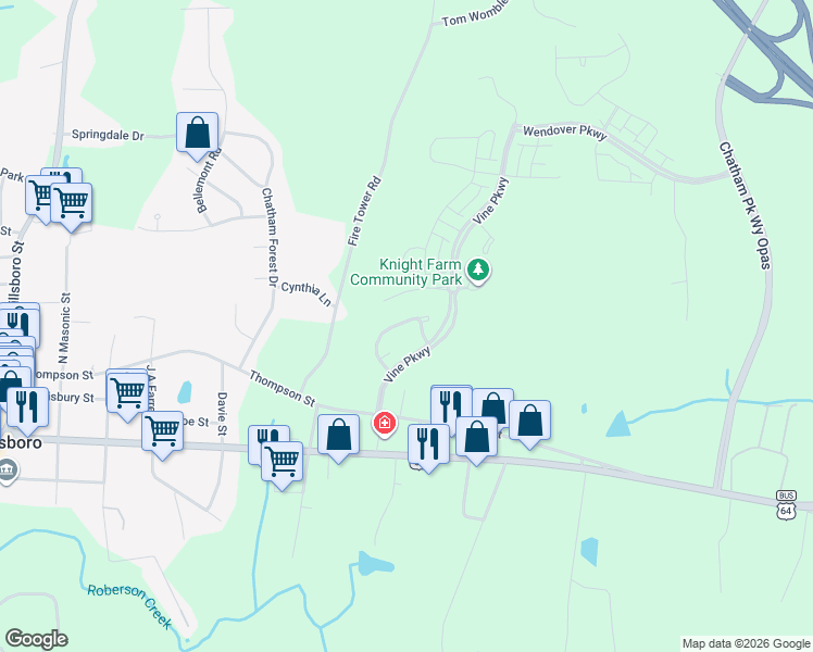 map of restaurants, bars, coffee shops, grocery stores, and more near 235 Cottage Way in Pittsboro
