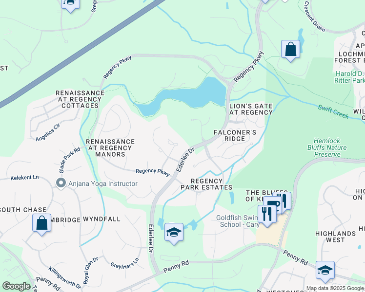 map of restaurants, bars, coffee shops, grocery stores, and more near 1014 Venetian Court in Cary